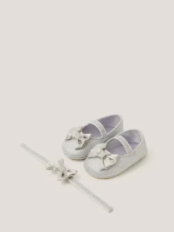 Monsoon Silver Baby Bow Glitter Booties & Headband Set