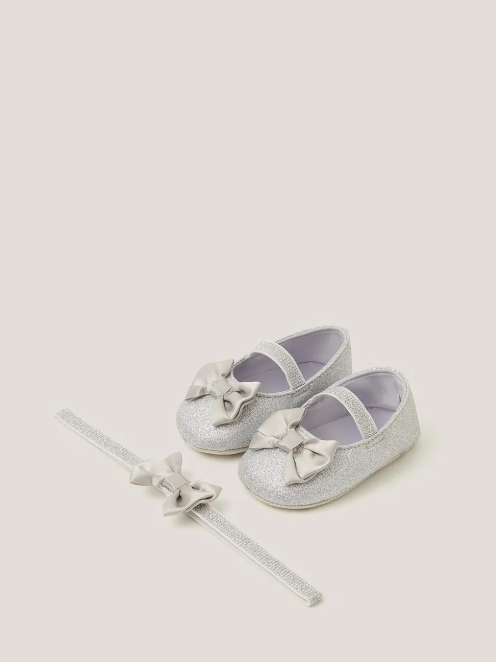 Monsoon Silver Baby Bow Glitter Booties & Headband Set