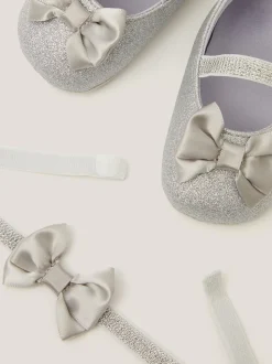 Monsoon Silver Baby Bow Glitter Booties & Headband Set