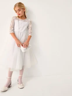 Monsoon White Alberta Rose Lace Pearl Dress