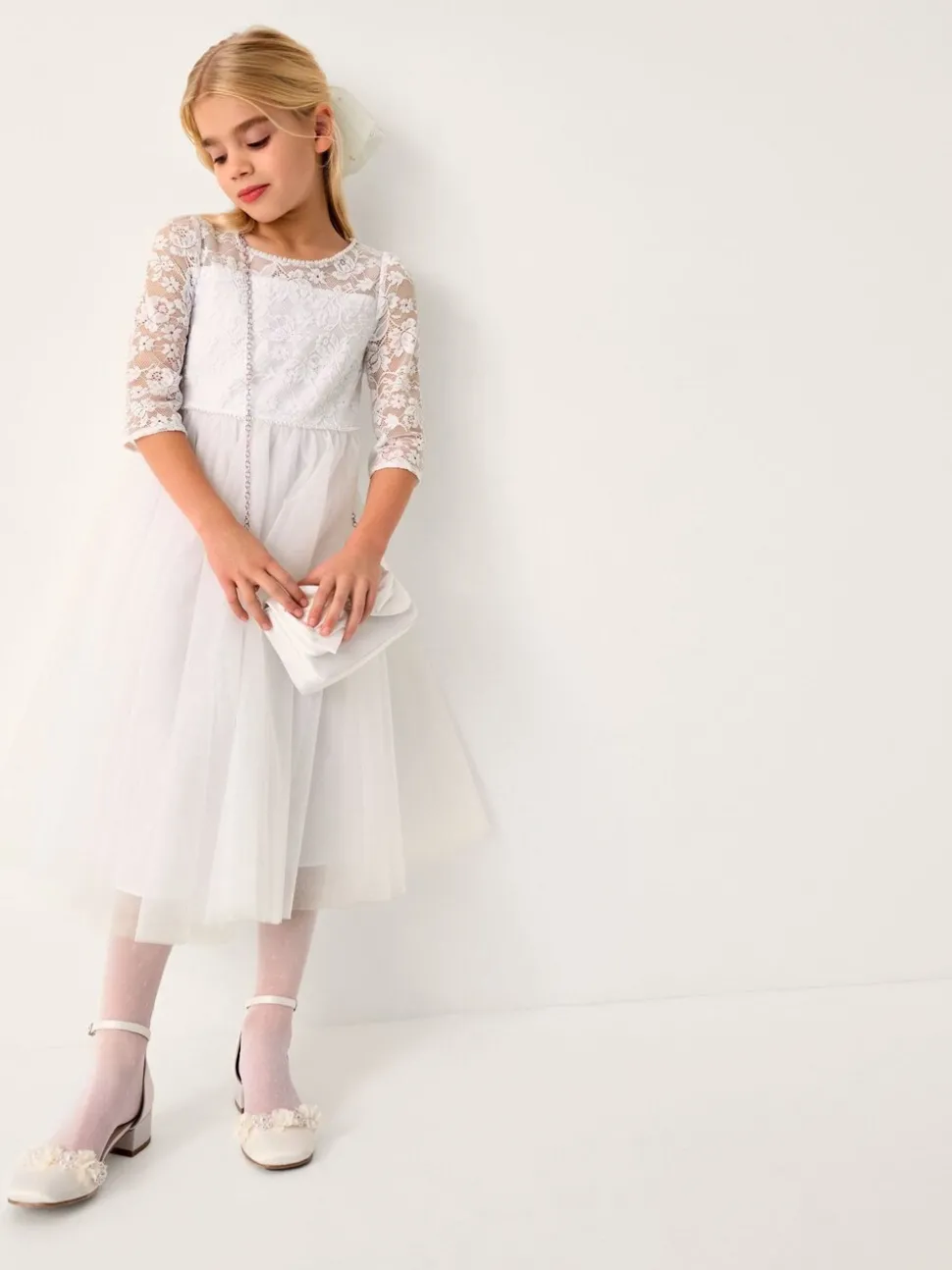 Monsoon White Alberta Rose Lace Pearl Dress