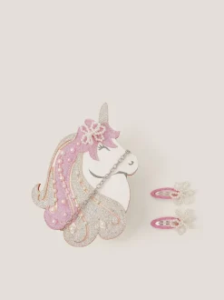Monsoon White Glitter Unicorn Bag & Pearly Hair Clips Set