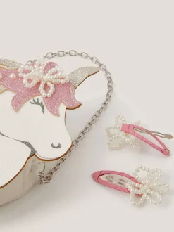 Monsoon White Glitter Unicorn Bag & Pearly Hair Clips Set