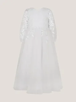Monsoon White Sienna Floral Embroidered Long Sleeve Dress