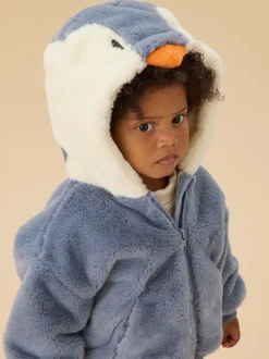 MORI Blue Penguin Faux Fur Cosy Zip Up Hooded Jacket