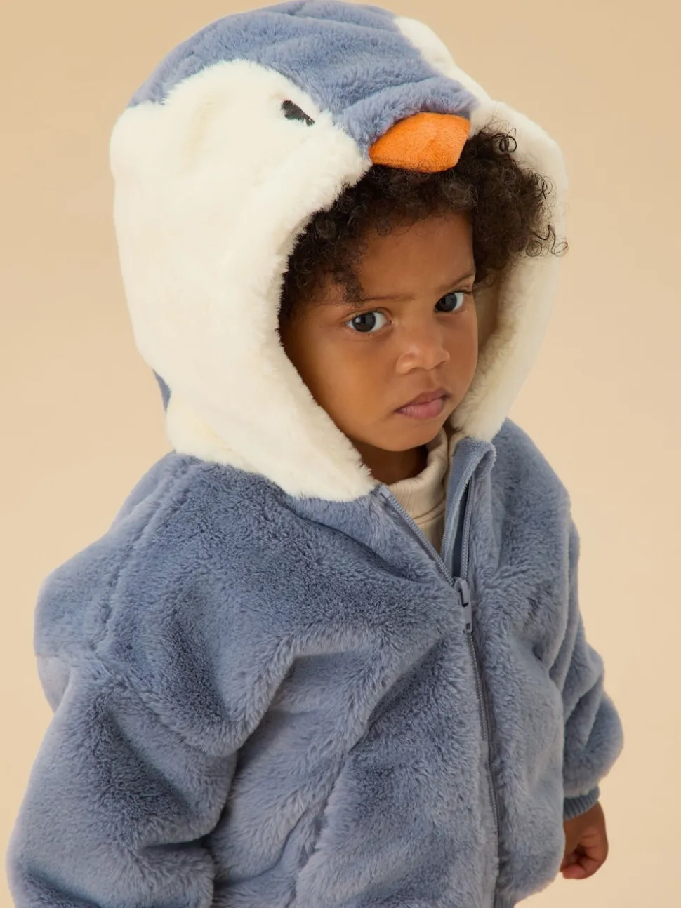 MORI Blue Penguin Faux Fur Cosy Zip Up Hooded Jacket