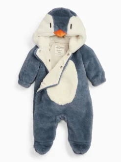 MORI Blue Penguin Faux Fur Supersoft Zip Up Pramsuit