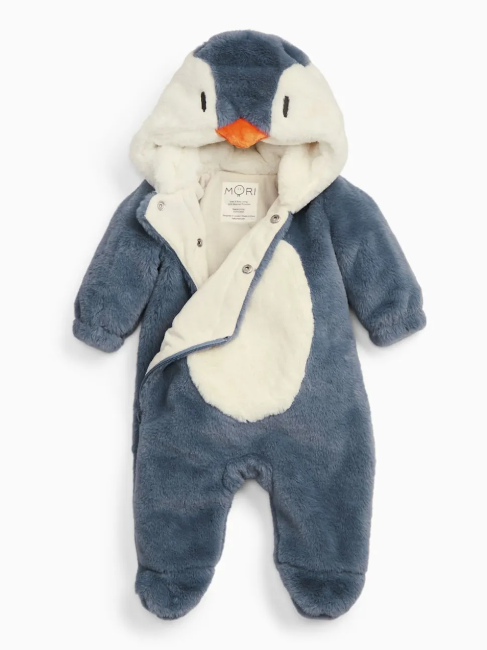 MORI Blue Penguin Faux Fur Supersoft Zip Up Pramsuit