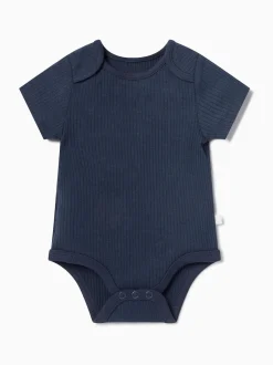 MORI Blue Ribbed Stretch Short Sleeve Envelope Neckline Bodysuit