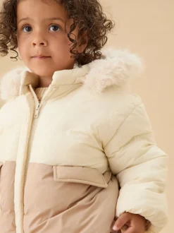 MORI Cream Cosy Zip Up Coat with Detachable Hood