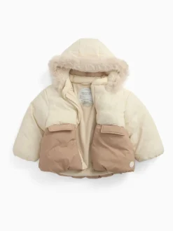 MORI Cream Cosy Zip Up Coat with Detachable Hood
