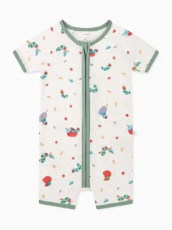 MORI Cream/Green Very Hungary Caterpillar Supersoft Short Sleeve Zip Up Rompersuit