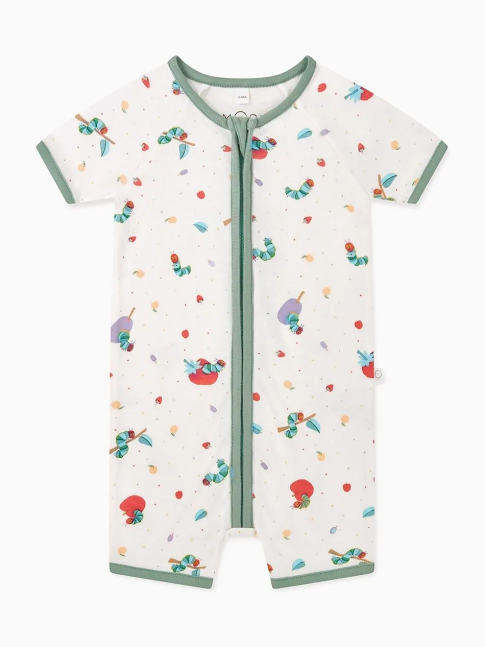 MORI Cream/Green Very Hungary Caterpillar Supersoft Short Sleeve Zip Up Rompersuit