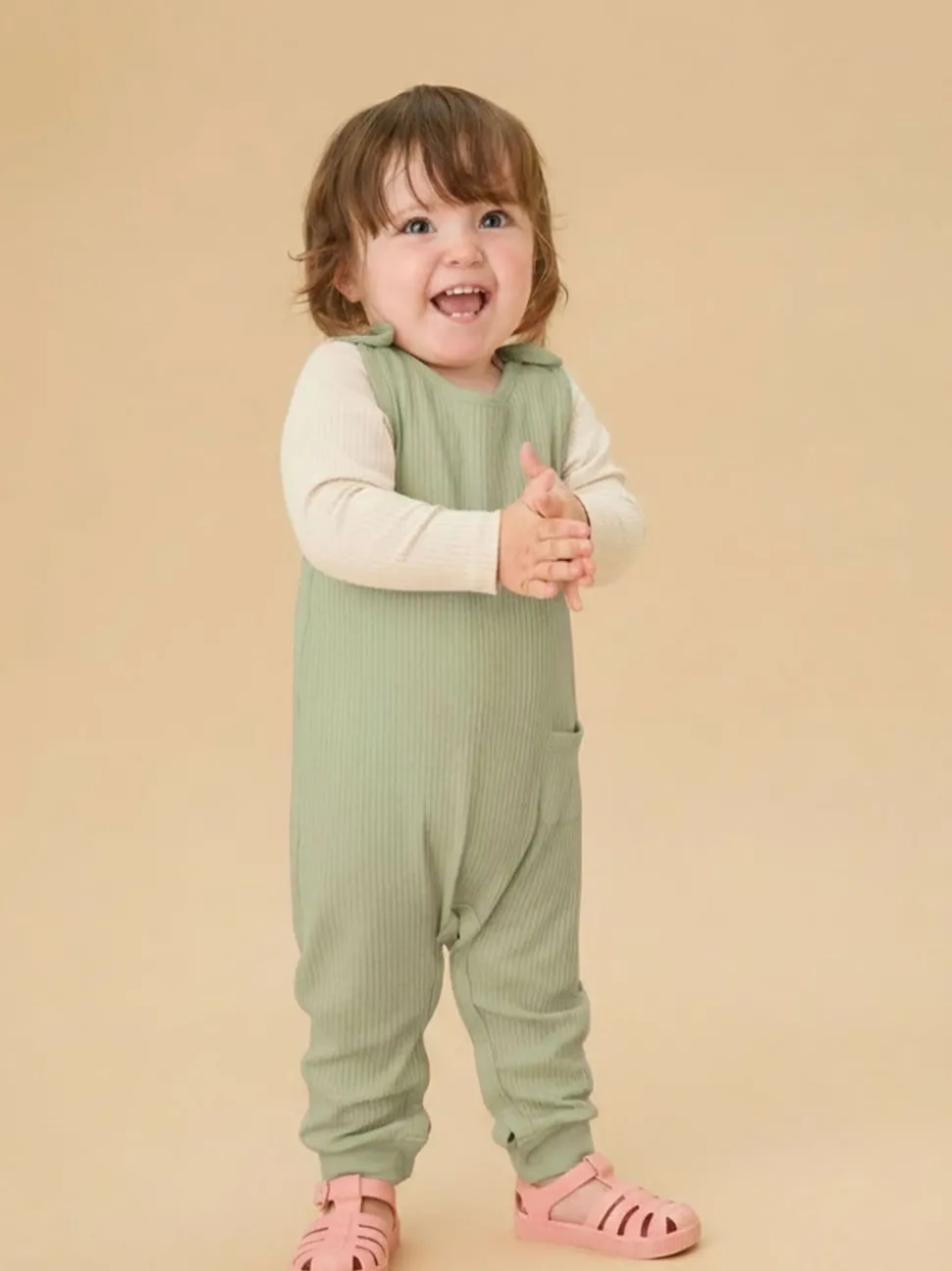 MORI Green Ribbed Romper Dungarees