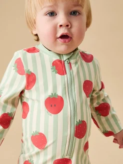 MORI Green UPF 50+ Strawberry Stripe Sun Safe Zip-Up Swimsuit