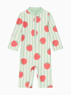 MORI Green UPF 50+ Strawberry Stripe Sun Safe Zip-Up Swimsuit