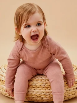 MORI Pink Ribbed Stretch Long Sleeve Envelope Neckline Bodysuit