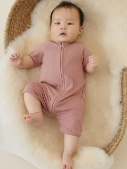 MORI Pink Ribbed Supersoft Stretch Summer Zip Up Romper