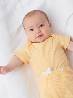 MORI Yellow Ribbed Stretch Short Sleeve Bodysuit
