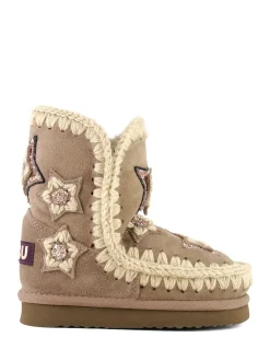 Mou Grey Eskimo Sheepskin Lined Kids Crochet Stars Suede Boots