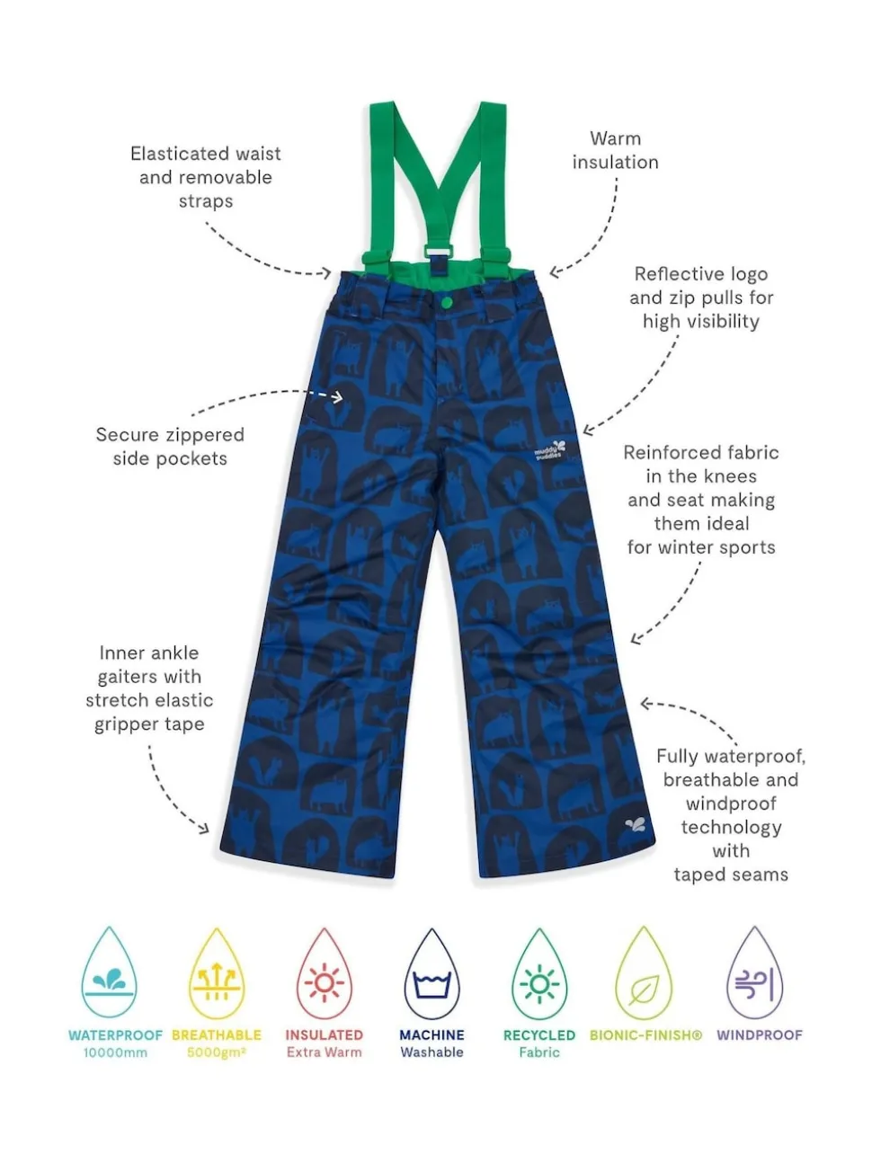 Muddy Puddles Blue Waterproof Kids Ski Salopettes Trousers