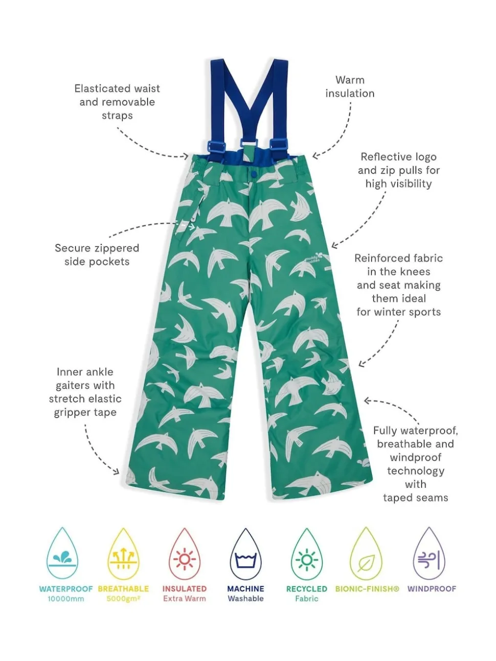 Muddy Puddles Green Waterproof Kids Ski Salopettes Trousers