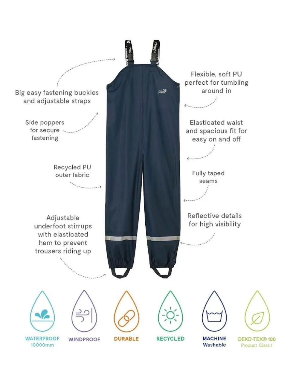 Muddy Puddles Navy Blue Rainy Day Waterproof Dungarees