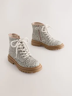 Muted Animal Printed Standard Fit (F) Warm Lined Lace-Up Ankle Boots