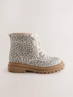 Muted Animal Printed Standard Fit (F) Warm Lined Lace-Up Ankle Boots