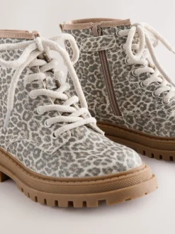 Muted Animal Printed Standard Fit (F) Warm Lined Lace-Up Ankle Boots