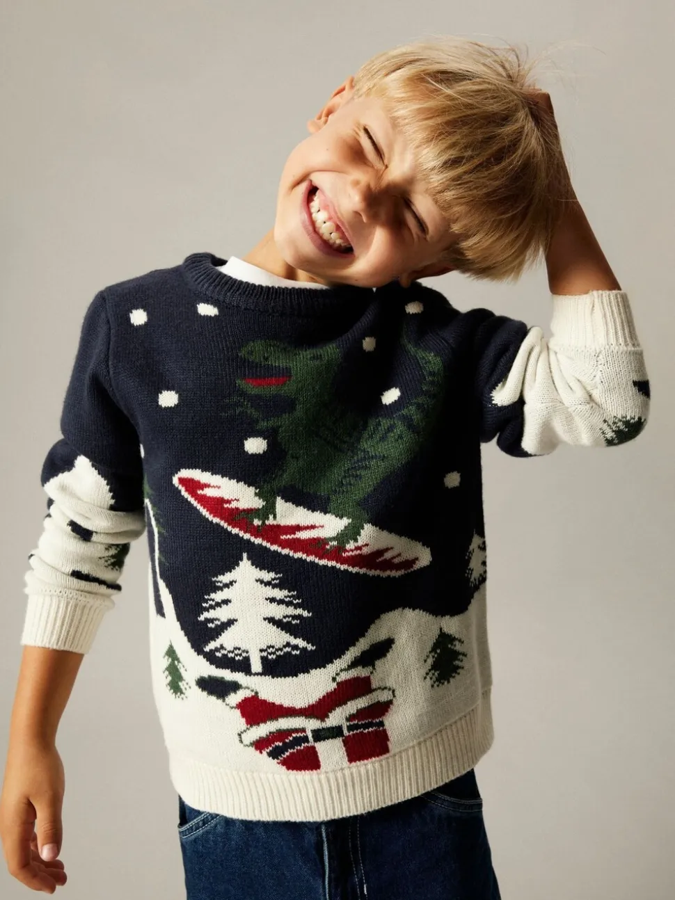 Name It Blue Dinosaur Snowboard Christmas Knitted Jumper