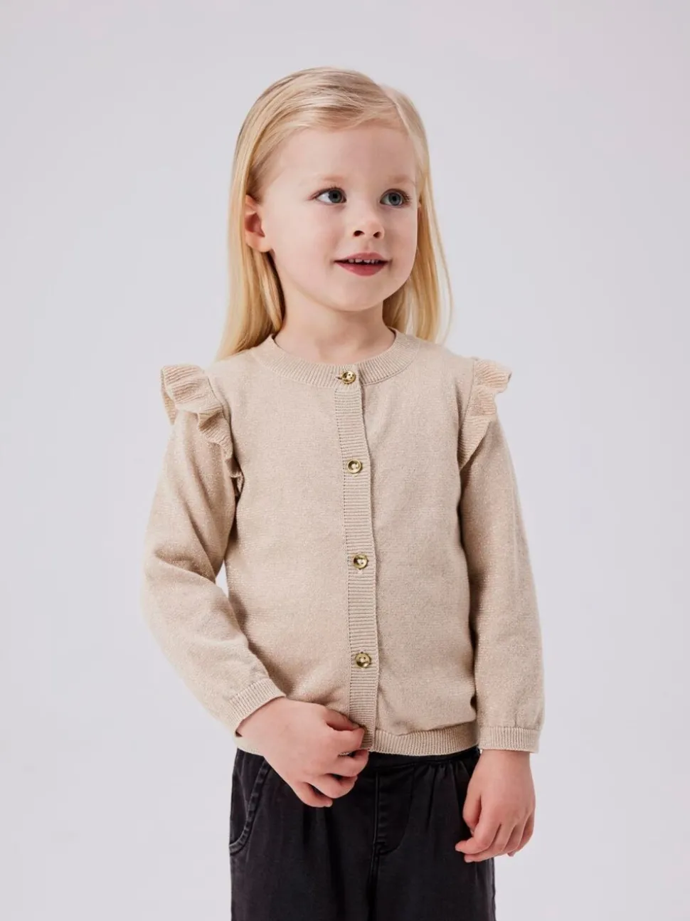 Name It Gold Glitter Frill Shoulder Button Down Knit Cardigan