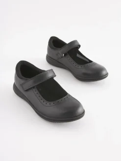 Navy Blue Standard Fit (F) School Leather Brogue Detail Mary Jane Shoes