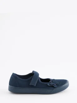 Navy Blue Standard Fit (F) Butterfly Embroidered School Plimsoll Shoes