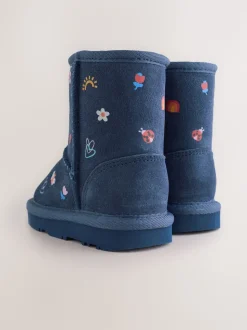 Navy Blue Water Repellent Tall Suede Pull On Boots