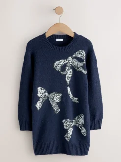Navy Bow Embellished Knit Jumper Dress (3-16yrs)