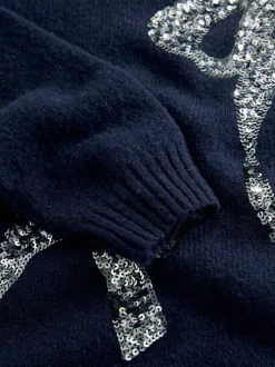 Navy Bow Embellished Knit Jumper Dress (3-16yrs)