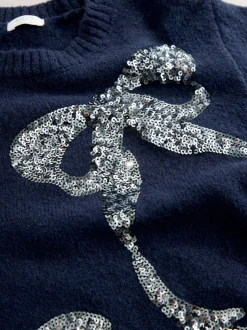 Navy Bow Embellished Knit Jumper Dress (3-16yrs)