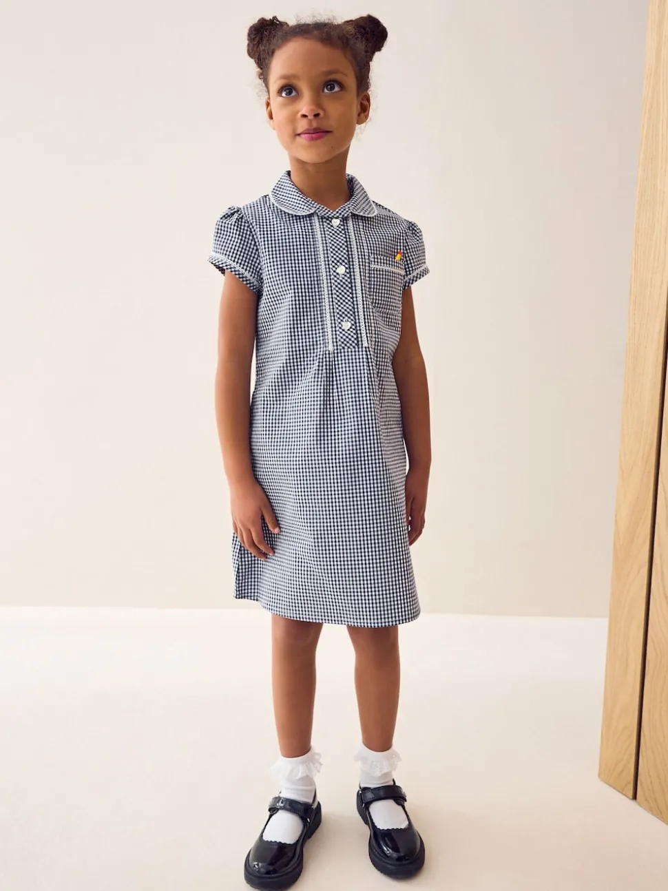 Navy Cotton Rich Button Front Lace Gingham School Dress (3-14yrs)