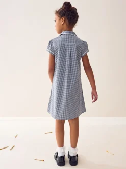 Navy Cotton Rich Button Front Lace Gingham School Dress (3-14yrs)