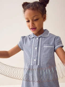 Navy Cotton Rich Button Front Lace Gingham School Dress (3-14yrs)
