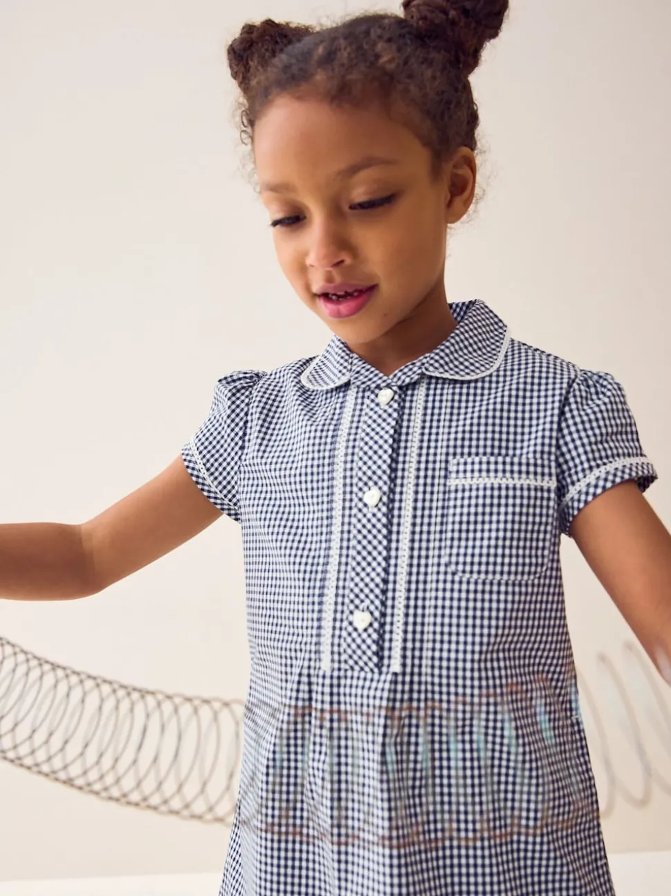 Navy Cotton Rich Button Front Lace Gingham School Dress (3-14yrs)