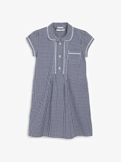 Navy Cotton Rich Button Front Lace Gingham School Dress (3-14yrs)