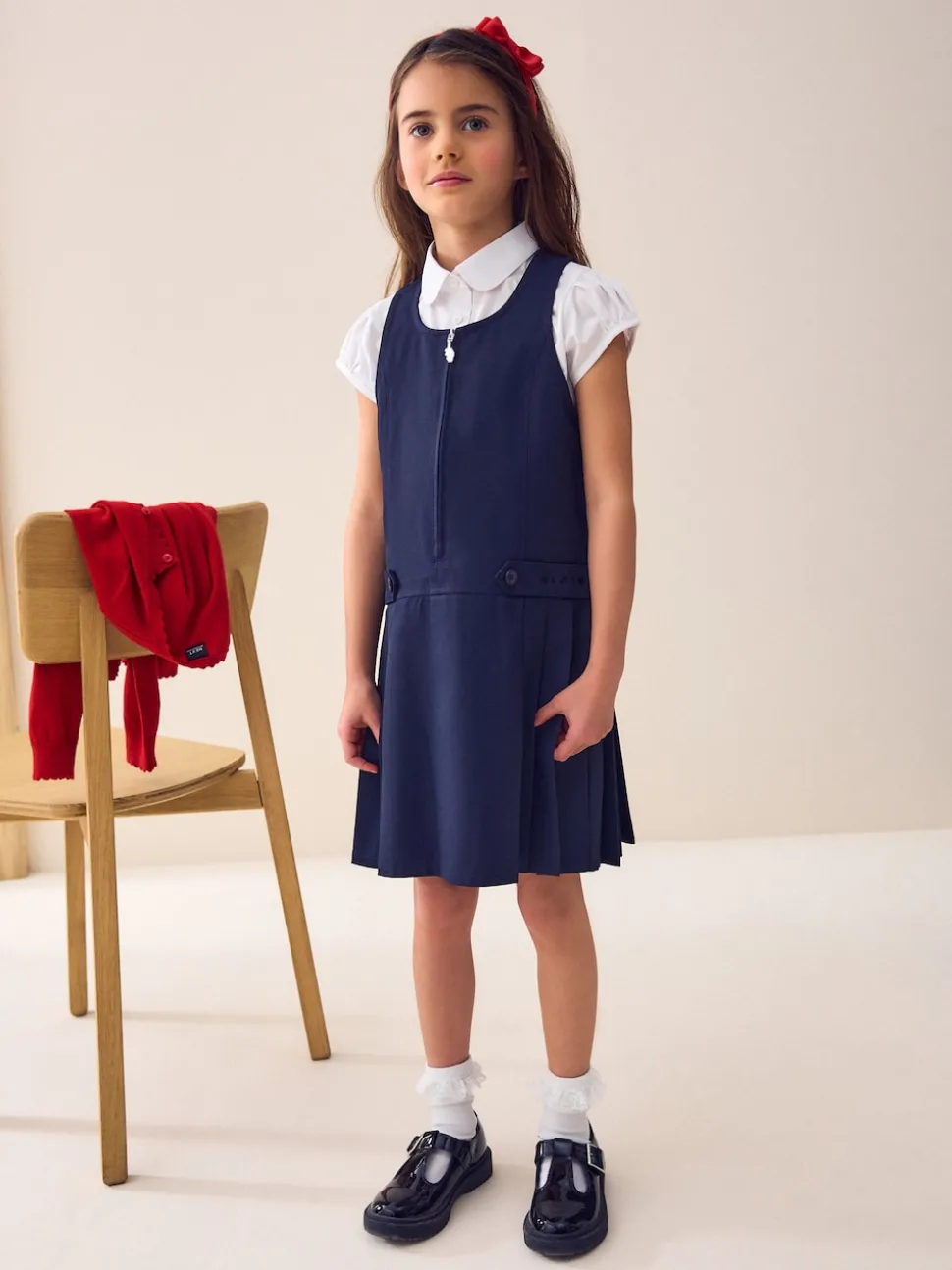 Navy Embroidered Zip Front Pinafore School Dress (3-14yrs)