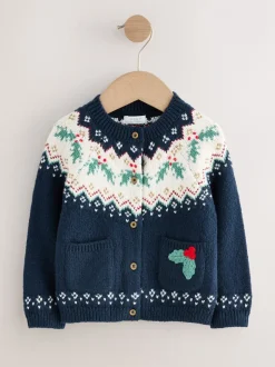 Navy Holly Jolly Christmas Cardigan (3mths-10yrs)