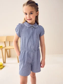 Navy Zip Front Cotton Rich Gingham School Playsuit (3-14yrs)