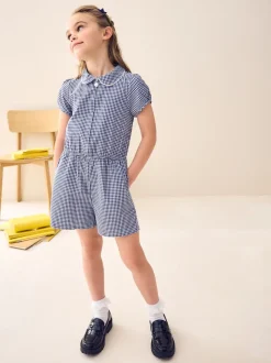 Navy Zip Front Cotton Rich Gingham School Playsuit (3-14yrs)