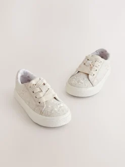 Neutral Embroidered Lace-Up Trainers