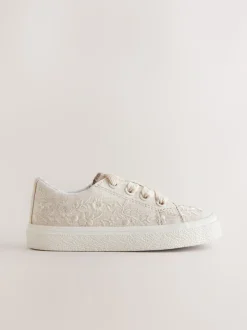 Neutral Embroidered Lace-Up Trainers