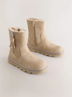 Neutral Faux Fur Lined Tassel Boots